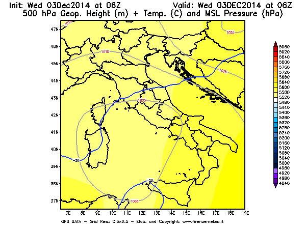 Mappa di analisi GFS - Geopotenziale [m] + Temp. [°C] a 500 hPa + Press. a livello del mare [hPa] in Italia
							del 03/12/2014 06 <!--googleoff: index-->UTC<!--googleon: index-->