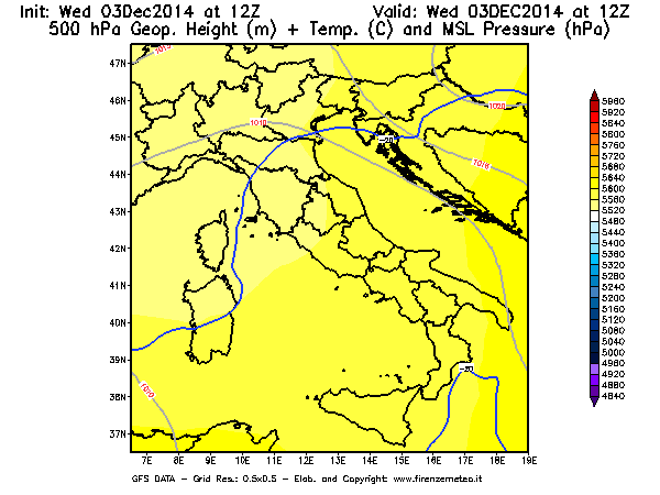 Mappa di analisi GFS - Geopotenziale [m] + Temp. [°C] a 500 hPa + Press. a livello del mare [hPa] in Italia
							del 03/12/2014 12 <!--googleoff: index-->UTC<!--googleon: index-->