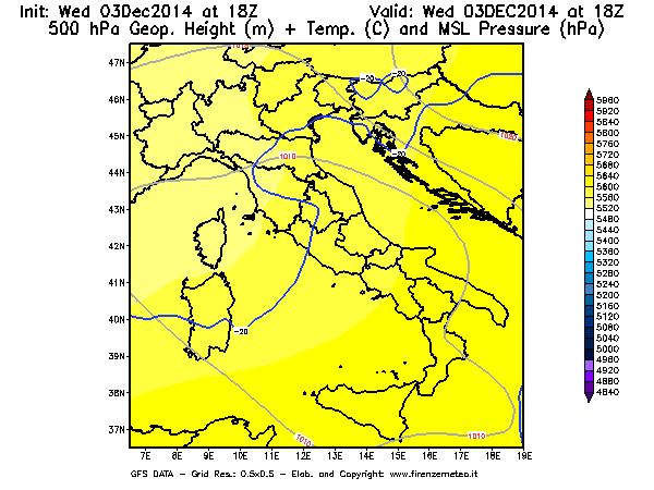 Mappa di analisi GFS - Geopotenziale [m] + Temp. [°C] a 500 hPa + Press. a livello del mare [hPa] in Italia
							del 03/12/2014 18 <!--googleoff: index-->UTC<!--googleon: index-->