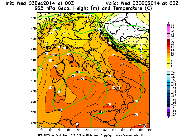 Mappa di analisi GFS - Geopotenziale [m] e Temperatura [°C] a 925 hPa in Italia
							del 03/12/2014 00 <!--googleoff: index-->UTC<!--googleon: index-->