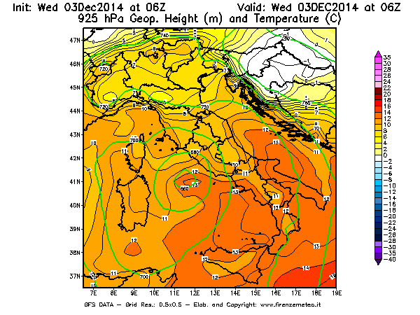 Mappa di analisi GFS - Geopotenziale [m] e Temperatura [°C] a 925 hPa in Italia
							del 03/12/2014 06 <!--googleoff: index-->UTC<!--googleon: index-->