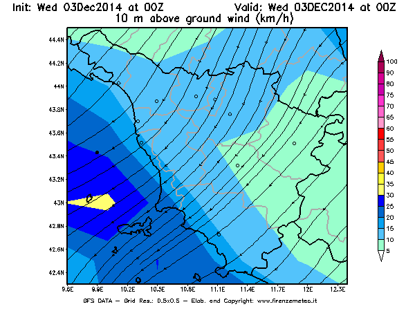 Mappa di analisi GFS - Velocità del vento a 10 metri dal suolo [km/h] in Toscana
							del 03/12/2014 00 <!--googleoff: index-->UTC<!--googleon: index-->