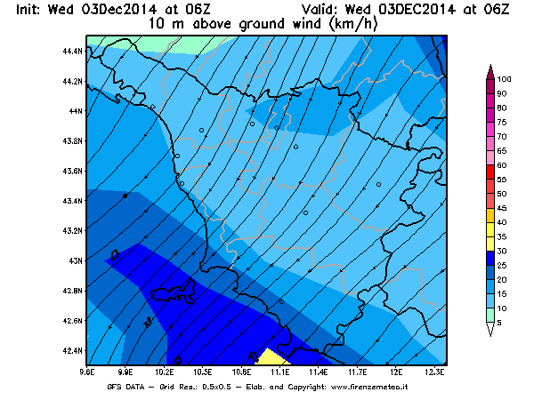 Mappa di analisi GFS - Velocità del vento a 10 metri dal suolo [km/h] in Toscana
							del 03/12/2014 06 <!--googleoff: index-->UTC<!--googleon: index-->