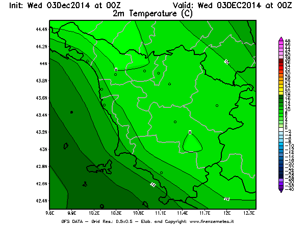 Mappa di analisi GFS - Temperatura a 2 metri dal suolo [°C] in Toscana
							del 03/12/2014 00 <!--googleoff: index-->UTC<!--googleon: index-->