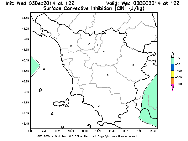 Mappa di analisi GFS - CIN [J/kg] in Toscana
							del 03/12/2014 12 <!--googleoff: index-->UTC<!--googleon: index-->