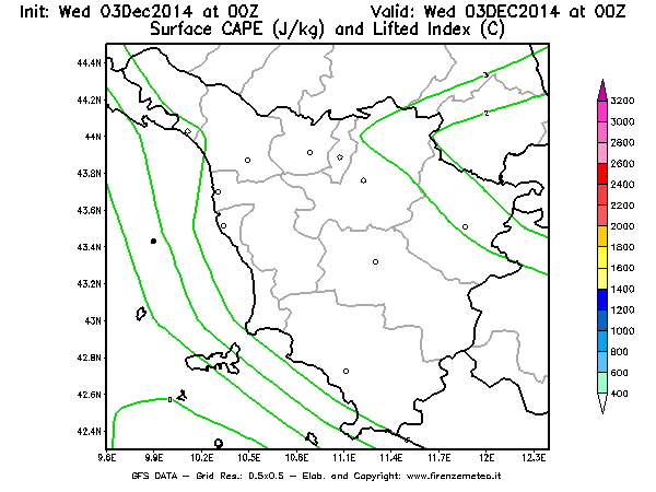 Mappa di analisi GFS - CAPE [J/kg] e Lifted Index [°C] in Toscana
							del 03/12/2014 00 <!--googleoff: index-->UTC<!--googleon: index-->