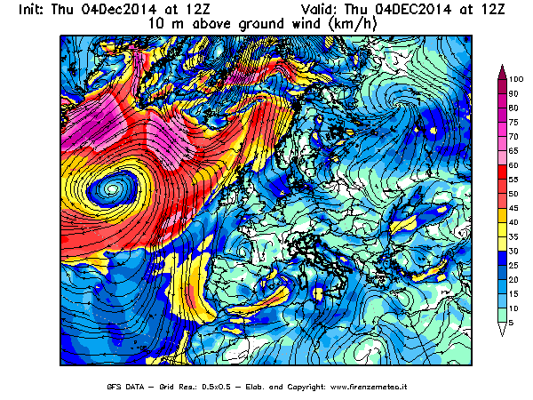 Mappa di analisi GFS - Velocità del vento a 10 metri dal suolo [km/h] in Europa
									del 04/12/2014 12 <!--googleoff: index-->UTC<!--googleon: index-->