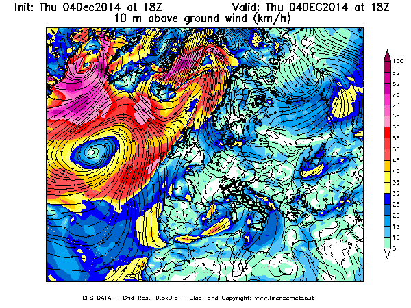 Mappa di analisi GFS - Velocità del vento a 10 metri dal suolo [km/h] in Europa
									del 04/12/2014 18 <!--googleoff: index-->UTC<!--googleon: index-->