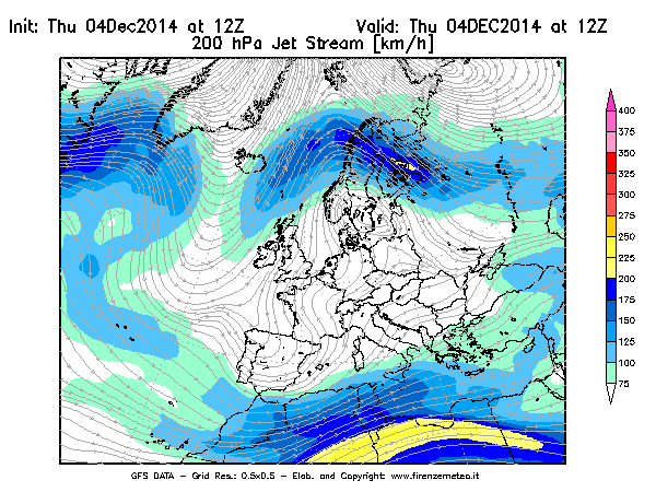 Mappa di analisi GFS - Jet Stream a 200 hPa in Europa
									del 04/12/2014 12 <!--googleoff: index-->UTC<!--googleon: index-->