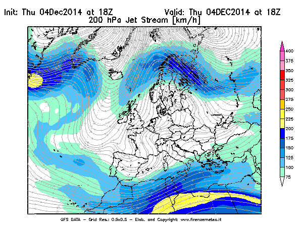 Mappa di analisi GFS - Jet Stream a 200 hPa in Europa
									del 04/12/2014 18 <!--googleoff: index-->UTC<!--googleon: index-->