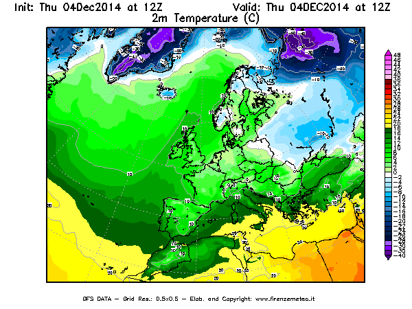 Mappa di analisi GFS - Temperatura a 2 metri dal suolo [°C] in Europa
									del 04/12/2014 12 <!--googleoff: index-->UTC<!--googleon: index-->