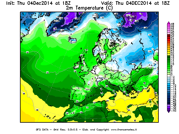 Mappa di analisi GFS - Temperatura a 2 metri dal suolo [°C] in Europa
									del 04/12/2014 18 <!--googleoff: index-->UTC<!--googleon: index-->