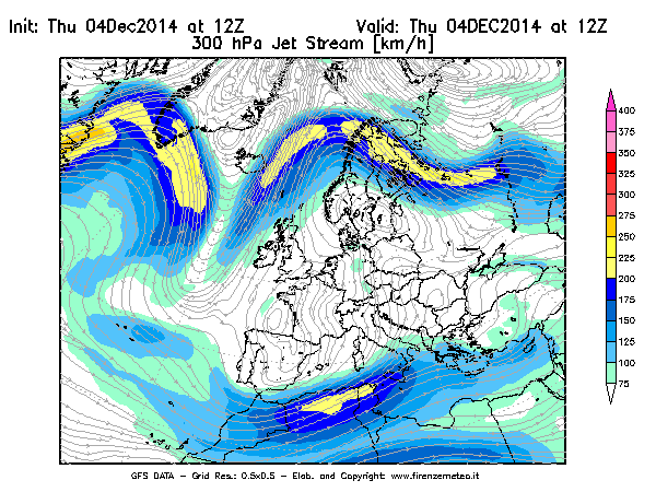 Mappa di analisi GFS - Jet Stream a 300 hPa in Europa
									del 04/12/2014 12 <!--googleoff: index-->UTC<!--googleon: index-->