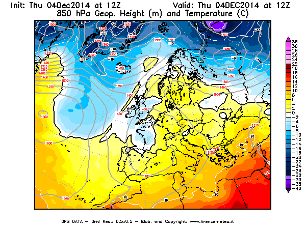 Mappa di analisi GFS - Geopotenziale [m] e Temperatura [°C] a 850 hPa in Europa
									del 04/12/2014 12 <!--googleoff: index-->UTC<!--googleon: index-->