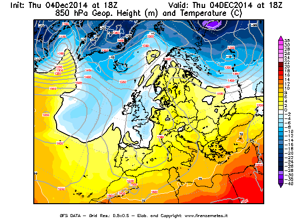 Mappa di analisi GFS - Geopotenziale [m] e Temperatura [°C] a 850 hPa in Europa
									del 04/12/2014 18 <!--googleoff: index-->UTC<!--googleon: index-->