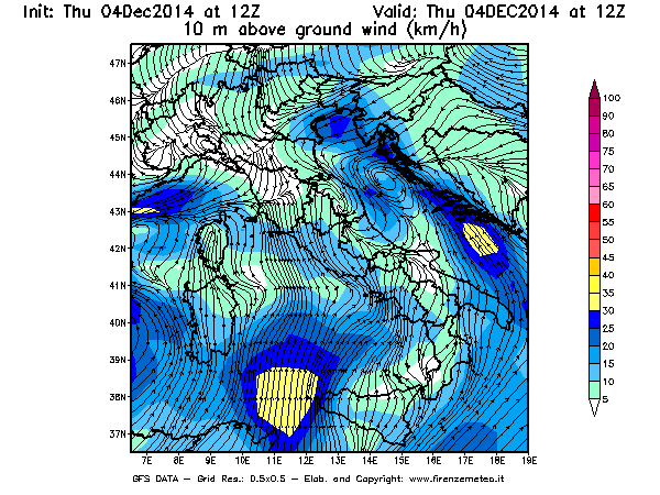 Mappa di analisi GFS - Velocità del vento a 10 metri dal suolo [km/h] in Italia
									del 04/12/2014 12 <!--googleoff: index-->UTC<!--googleon: index-->
