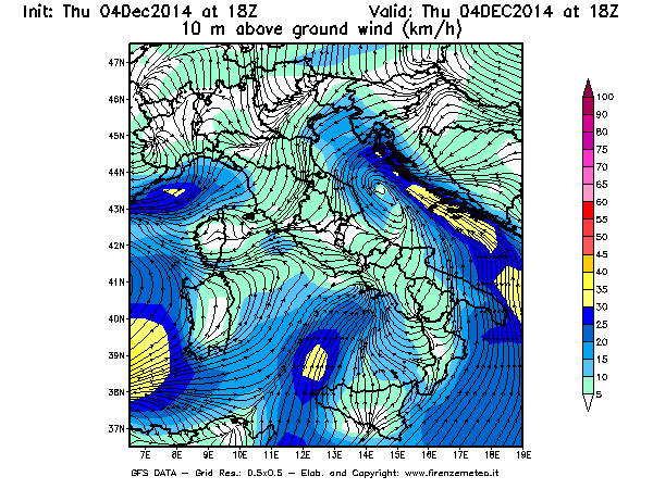 Mappa di analisi GFS - Velocità del vento a 10 metri dal suolo [km/h] in Italia
									del 04/12/2014 18 <!--googleoff: index-->UTC<!--googleon: index-->