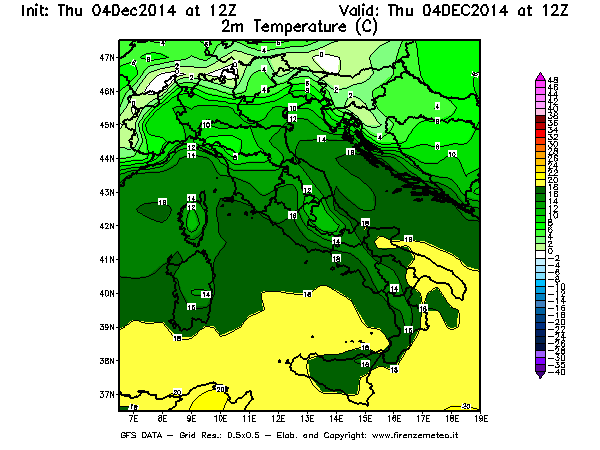 Mappa di analisi GFS - Temperatura a 2 metri dal suolo [°C] in Italia
									del 04/12/2014 12 <!--googleoff: index-->UTC<!--googleon: index-->