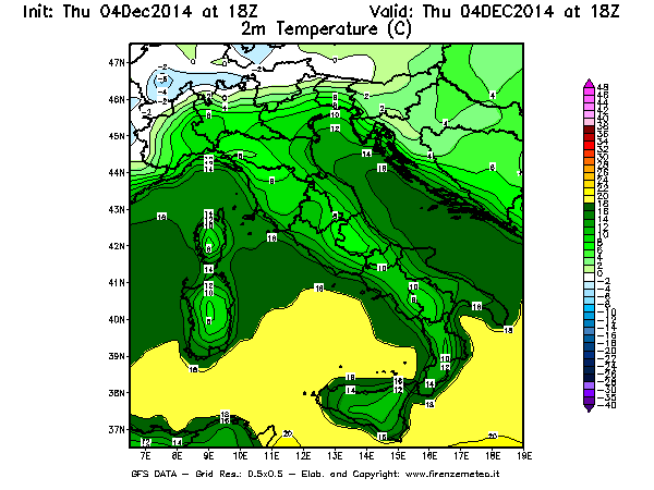 Mappa di analisi GFS - Temperatura a 2 metri dal suolo [°C] in Italia
									del 04/12/2014 18 <!--googleoff: index-->UTC<!--googleon: index-->
