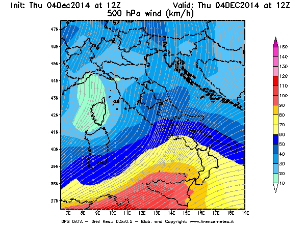 Mappa di analisi GFS - Velocità del vento a 500 hPa [km/h] in Italia
									del 04/12/2014 12 <!--googleoff: index-->UTC<!--googleon: index-->