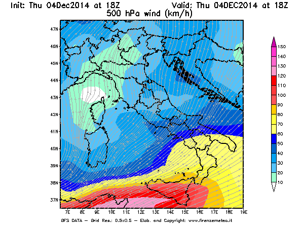 Mappa di analisi GFS - Velocità del vento a 500 hPa [km/h] in Italia
									del 04/12/2014 18 <!--googleoff: index-->UTC<!--googleon: index-->