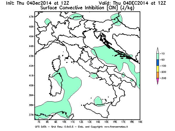 Mappa di analisi GFS - CIN [J/kg] in Italia
									del 04/12/2014 12 <!--googleoff: index-->UTC<!--googleon: index-->