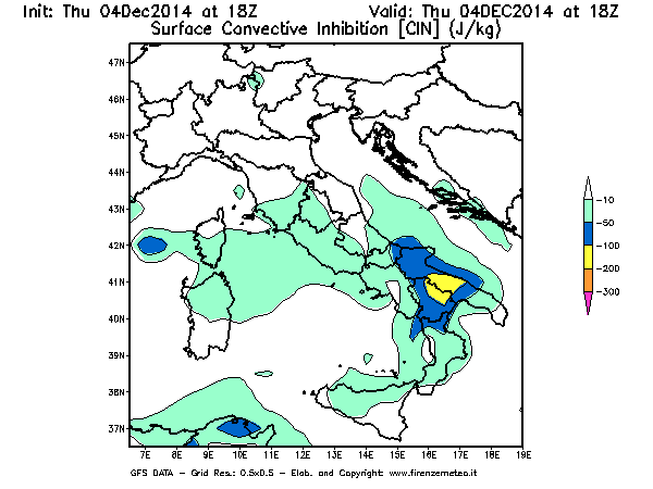 Mappa di analisi GFS - CIN [J/kg] in Italia
									del 04/12/2014 18 <!--googleoff: index-->UTC<!--googleon: index-->