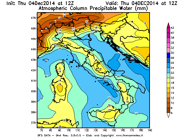 Mappa di analisi GFS - Precipitable Water [mm] in Italia
									del 04/12/2014 12 <!--googleoff: index-->UTC<!--googleon: index-->