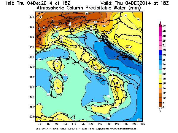 Mappa di analisi GFS - Precipitable Water [mm] in Italia
									del 04/12/2014 18 <!--googleoff: index-->UTC<!--googleon: index-->