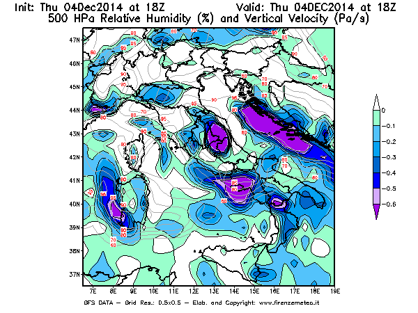 Mappa di analisi GFS - Umidità relativa [%] e Omega [Pa/s] a 500 hPa in Italia
									del 04/12/2014 18 <!--googleoff: index-->UTC<!--googleon: index-->