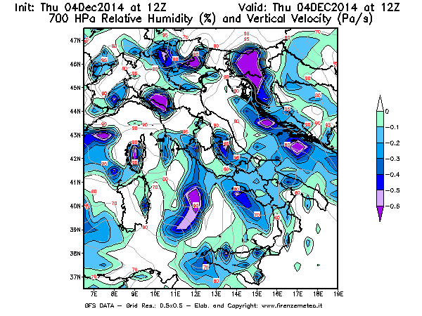 Mappa di analisi GFS - Umidità relativa [%] e Omega [Pa/s] a 700 hPa in Italia
									del 04/12/2014 12 <!--googleoff: index-->UTC<!--googleon: index-->
