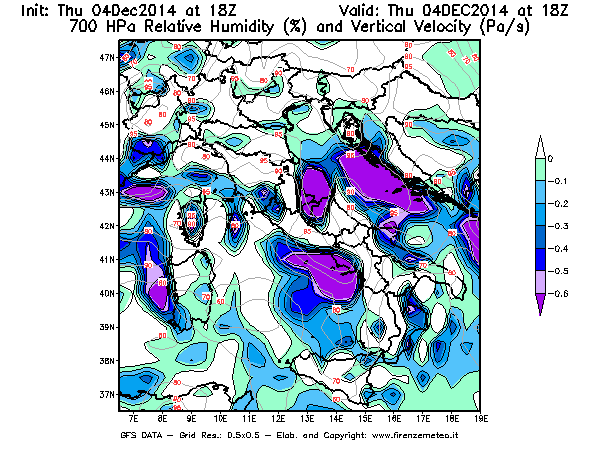 Mappa di analisi GFS - Umidità relativa [%] e Omega [Pa/s] a 700 hPa in Italia
									del 04/12/2014 18 <!--googleoff: index-->UTC<!--googleon: index-->