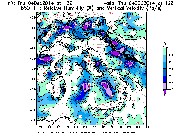 Mappa di analisi GFS - Umidità relativa [%] e Omega [Pa/s] a 850 hPa in Italia
									del 04/12/2014 12 <!--googleoff: index-->UTC<!--googleon: index-->