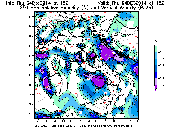 Mappa di analisi GFS - Umidità relativa [%] e Omega [Pa/s] a 850 hPa in Italia
									del 04/12/2014 18 <!--googleoff: index-->UTC<!--googleon: index-->