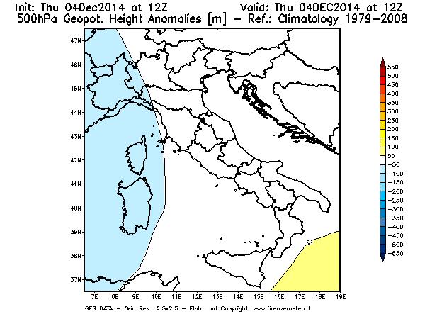 Mappa di analisi GFS - Anomalia di Geopotenziale a 500 hPa in Italia
									del 04/12/2014 12 <!--googleoff: index-->UTC<!--googleon: index-->