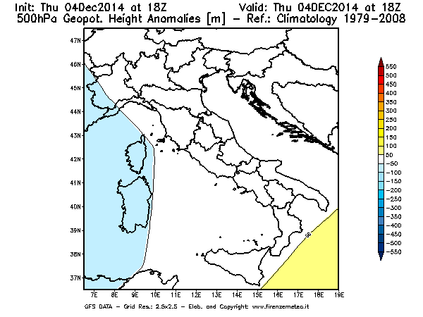 Mappa di analisi GFS - Anomalia di Geopotenziale a 500 hPa in Italia
									del 04/12/2014 18 <!--googleoff: index-->UTC<!--googleon: index-->