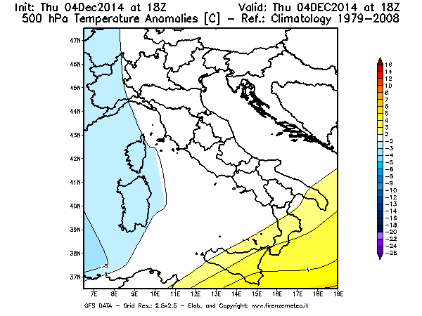 Mappa di analisi GFS - Anomalia Temperatura [°C] a 500 hPa in Italia
									del 04/12/2014 18 <!--googleoff: index-->UTC<!--googleon: index-->