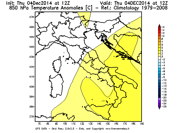 Mappa di analisi GFS - Anomalia Temperatura [°C] a 850 hPa in Italia
									del 04/12/2014 12 <!--googleoff: index-->UTC<!--googleon: index-->