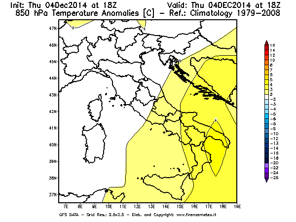 Mappa di analisi GFS - Anomalia Temperatura [°C] a 850 hPa in Italia
									del 04/12/2014 18 <!--googleoff: index-->UTC<!--googleon: index-->