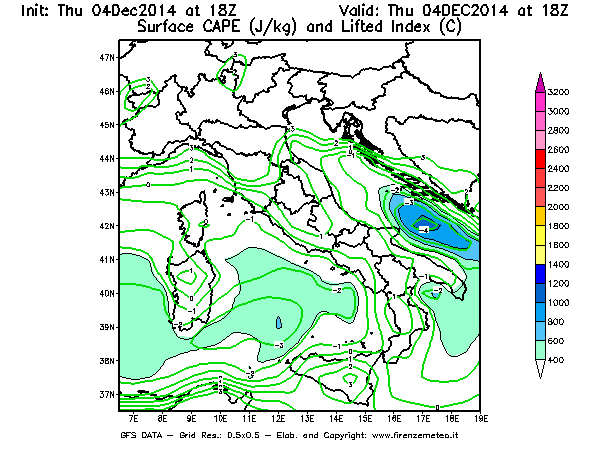 Mappa di analisi GFS - CAPE [J/kg] e Lifted Index [°C] in Italia
									del 04/12/2014 18 <!--googleoff: index-->UTC<!--googleon: index-->