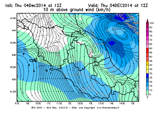 Mappa di analisi GFS - Velocità del vento a 10 metri dal suolo [km/h] in Centro-Italia
									del 04/12/2014 12 <!--googleoff: index-->UTC<!--googleon: index-->