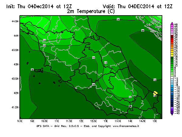 Mappa di analisi GFS - Temperatura a 2 metri dal suolo [°C] in Centro-Italia
									del 04/12/2014 12 <!--googleoff: index-->UTC<!--googleon: index-->