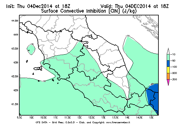 Mappa di analisi GFS - CIN [J/kg] in Centro-Italia
									del 04/12/2014 18 <!--googleoff: index-->UTC<!--googleon: index-->