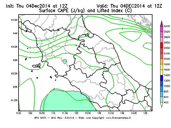 Mappa di analisi GFS - CAPE [J/kg] e Lifted Index [°C] in Centro-Italia
									del 04/12/2014 12 <!--googleoff: index-->UTC<!--googleon: index-->
