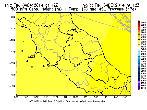 Mappa di analisi GFS - Geopotenziale [m] + Temp. [°C] a 500 hPa + Press. a livello del mare [hPa] in Centro-Italia
									del 04/12/2014 12 <!--googleoff: index-->UTC<!--googleon: index-->