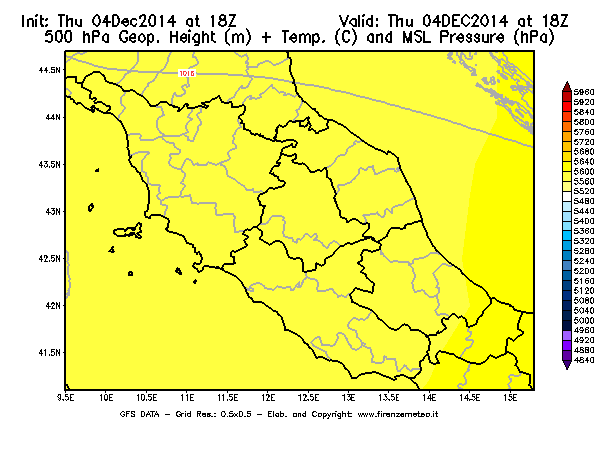 Mappa di analisi GFS - Geopotenziale [m] + Temp. [°C] a 500 hPa + Press. a livello del mare [hPa] in Centro-Italia
									del 04/12/2014 18 <!--googleoff: index-->UTC<!--googleon: index-->