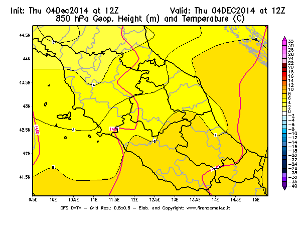 Mappa di analisi GFS - Geopotenziale [m] e Temperatura [°C] a 850 hPa in Centro-Italia
									del 04/12/2014 12 <!--googleoff: index-->UTC<!--googleon: index-->
