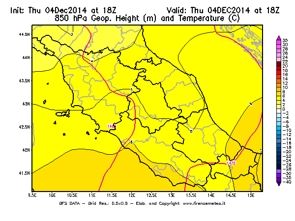 Mappa di analisi GFS - Geopotenziale [m] e Temperatura [°C] a 850 hPa in Centro-Italia
									del 04/12/2014 18 <!--googleoff: index-->UTC<!--googleon: index-->