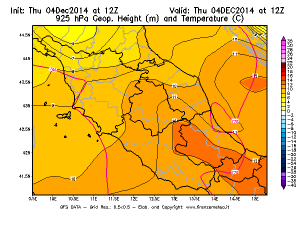 Mappa di analisi GFS - Geopotenziale [m] e Temperatura [°C] a 925 hPa in Centro-Italia
									del 04/12/2014 12 <!--googleoff: index-->UTC<!--googleon: index-->
