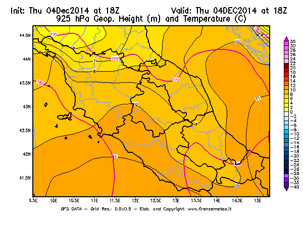 Mappa di analisi GFS - Geopotenziale [m] e Temperatura [°C] a 925 hPa in Centro-Italia
									del 04/12/2014 18 <!--googleoff: index-->UTC<!--googleon: index-->